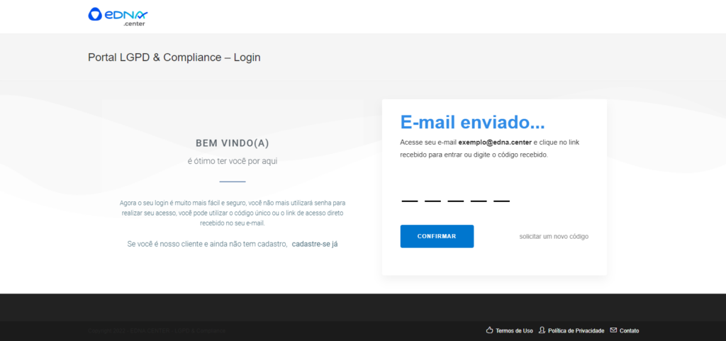 Tela para inserir o código de login.